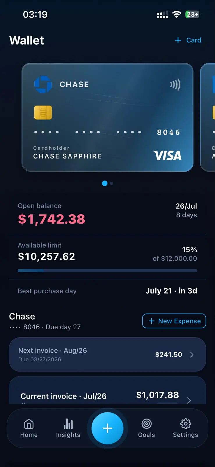 Grani wallet with Chase card and open statement