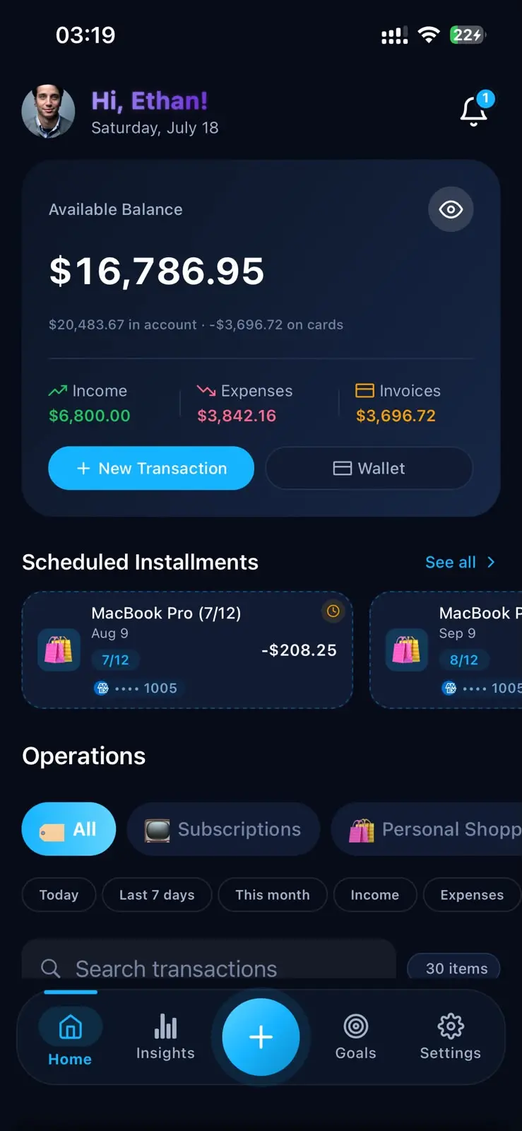 Grani home screen with balance and transactions