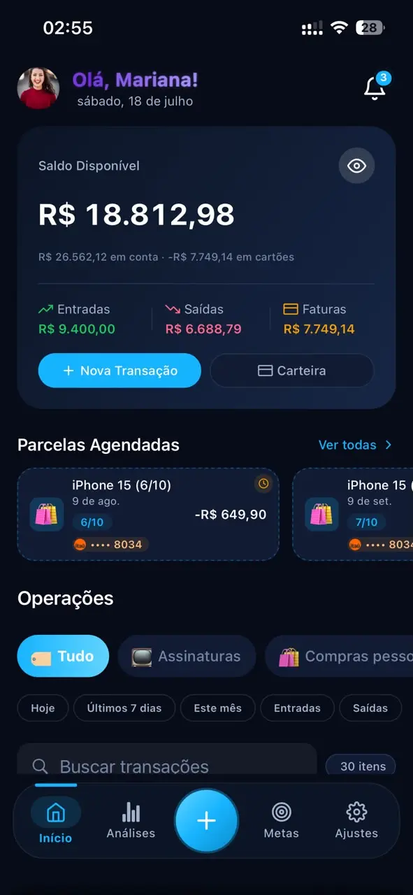Tela inicial do Grani com saldo e transações