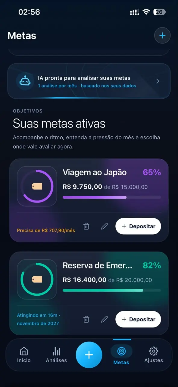 Tela de metas do Grani